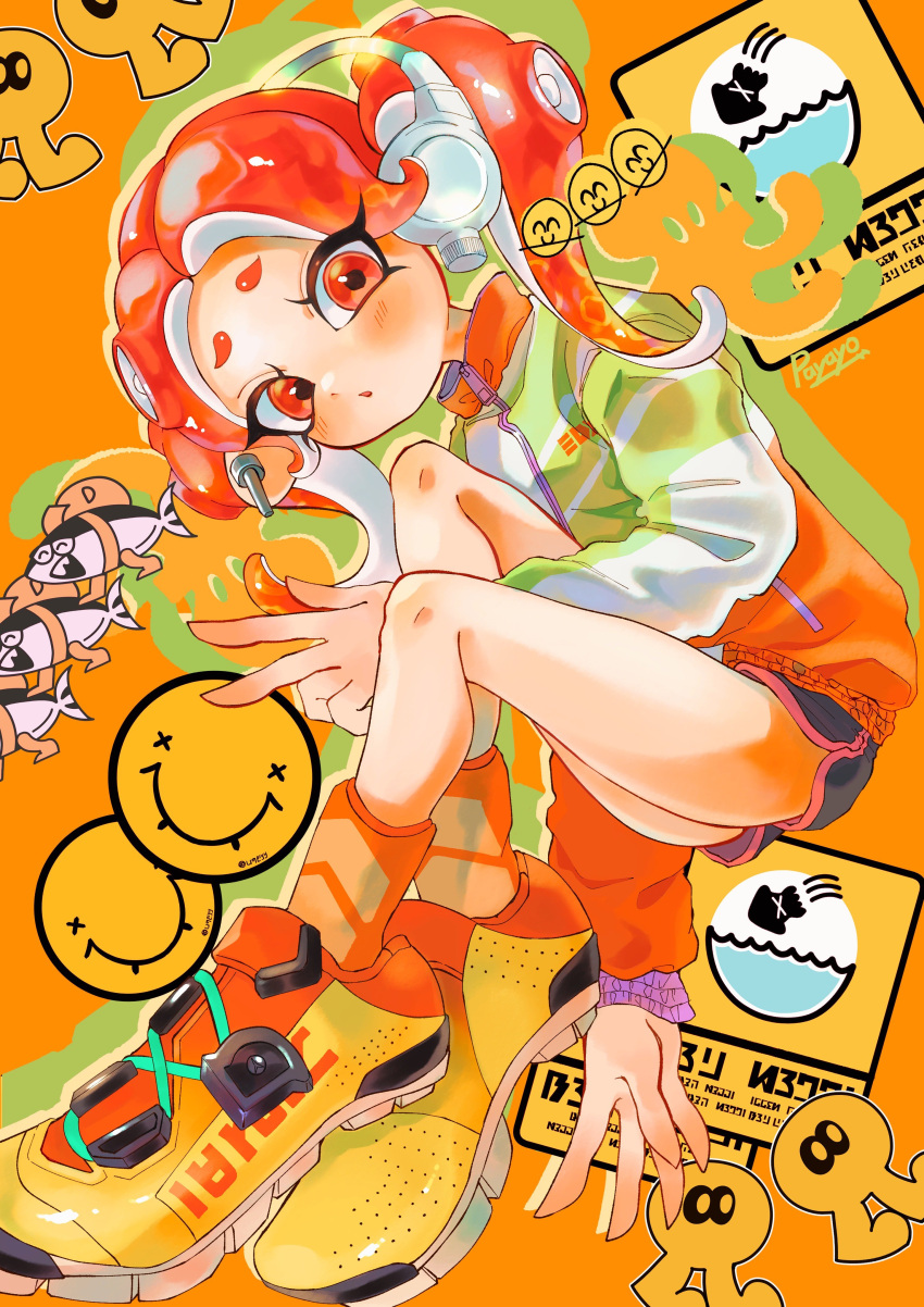 1girl :o absurdres ankle_socks artist_name black_shorts blush commentary dolphin_shorts earrings full_body headphones highres jacket jewelry long_sleeves looking_at_viewer multicolored_clothes multicolored_footwear multicolored_jacket octoling octoling_girl octoling_player_character open_mouth orange_background orange_eyes orange_hair orange_socks payayo884 pink_trim shorts socks solo splatoon_(series) sticker suction_cups symbol-only_commentary tentacle_hair twintails v white_headphones zipper zipper_pull_tab