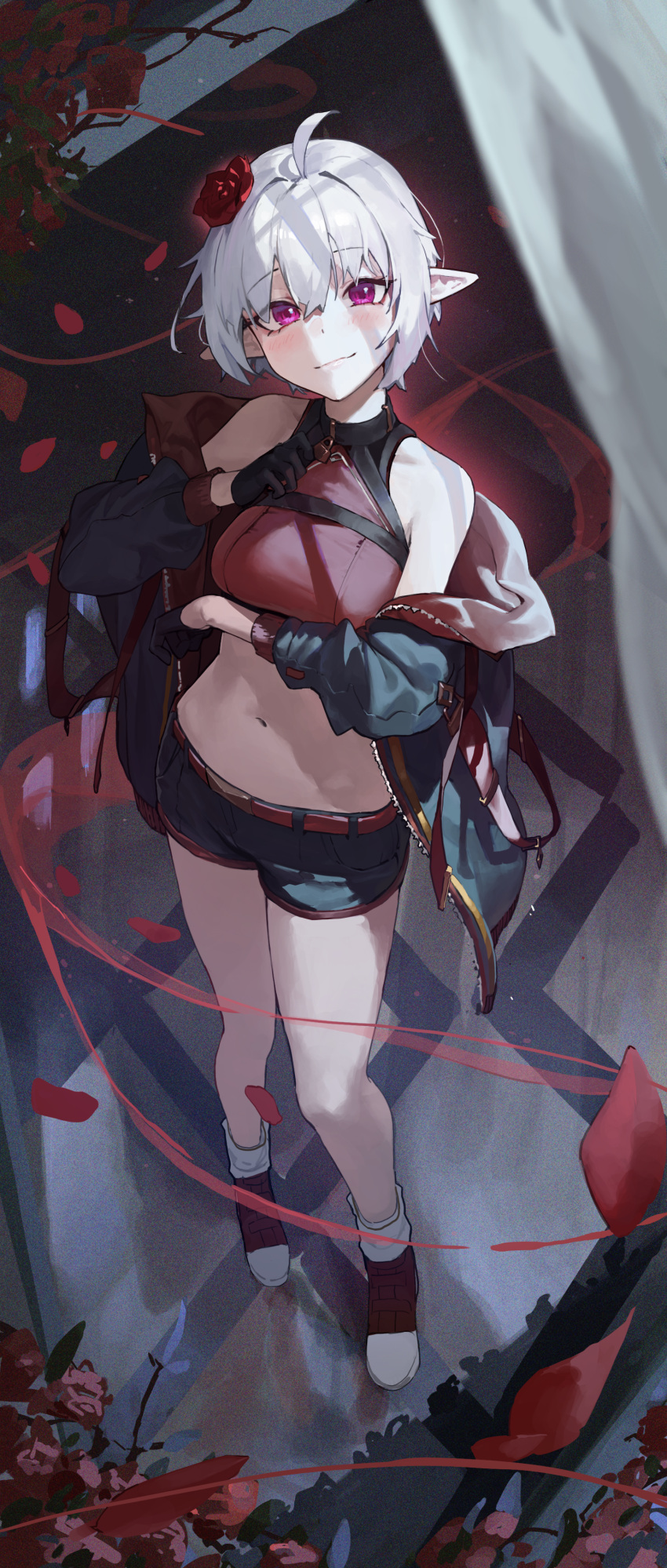 1girl absurdres ahoge arm_under_breasts bare_shoulders belt black_choker black_gloves black_jacket black_shorts breasts choker closed_mouth commission crop_top flower from_above gloves hair_flower hair_ornament highres jacket long_sleeves looking_at_viewer mac_star medium_breasts midriff navel off_shoulder open_clothes open_jacket original petals pointy_ears purple_eyes red_footwear red_shirt second-party_source shirt shoes short_hair short_shorts shorts sidelocks sleeveless sleeveless_shirt smile solo standing stomach thighs white_hair