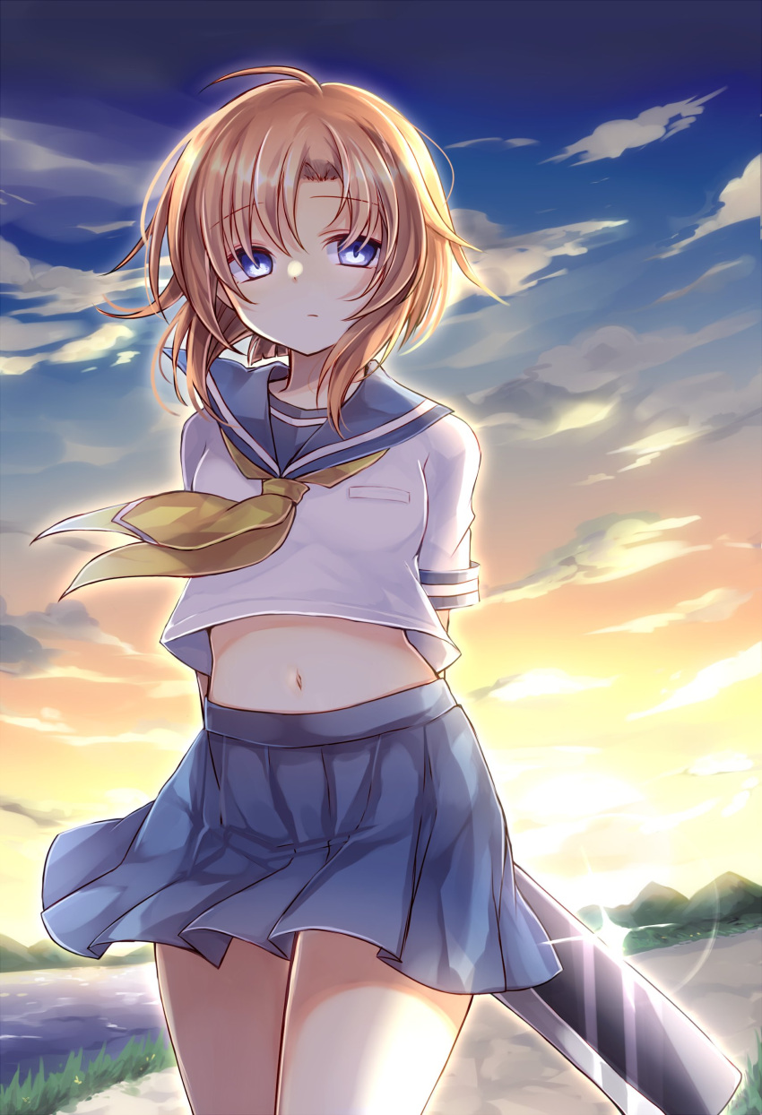 1girl absurdres ahoge bangs blue_eyes blue_sailor_collar blue_skirt closed_mouth cloud cowboy_shot gradient_sky hashitsuki_nata highres higurashi_no_naku_koro_ni holding holding_weapon kanataww looking_at_viewer nata_(tool) navel neckerchief orange_hair outdoors pleated_skirt ryuuguu_rena sailor_collar school_uniform serafuku shirt short_hair skirt sky solo standing stomach water weapon white_shirt yellow_neckerchief