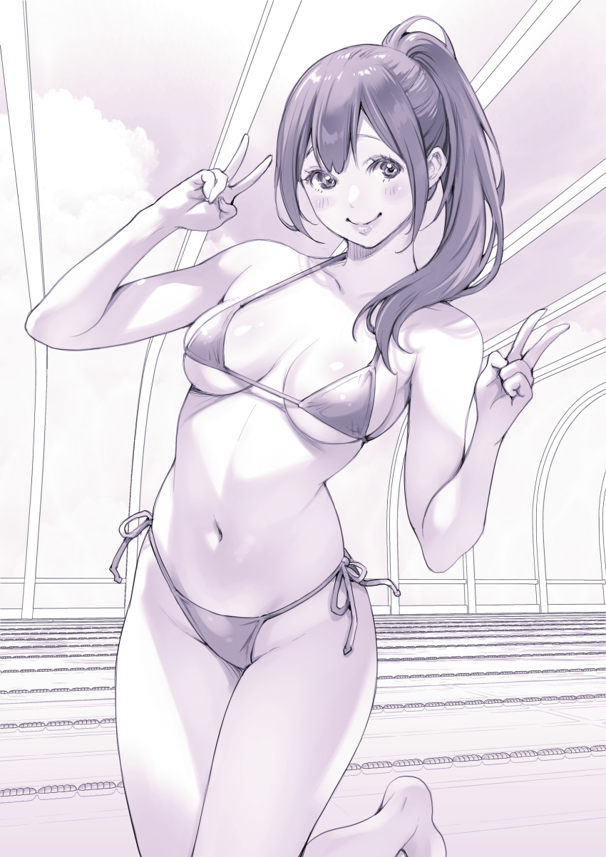 1girl absurdres bare_arms bare_shoulders bikini blush breasts closed_mouth commentary_request double-parted_bangs double_v hands_up high_ponytail highres indoors large_breasts leaning_to_the_side long_hair looking_at_viewer macosee monochrome navel original pool purple_theme side-tie_bikini_bottom sidelocks skindentation smile solo standing standing_on_one_leg stomach string_bikini swimsuit underboob v