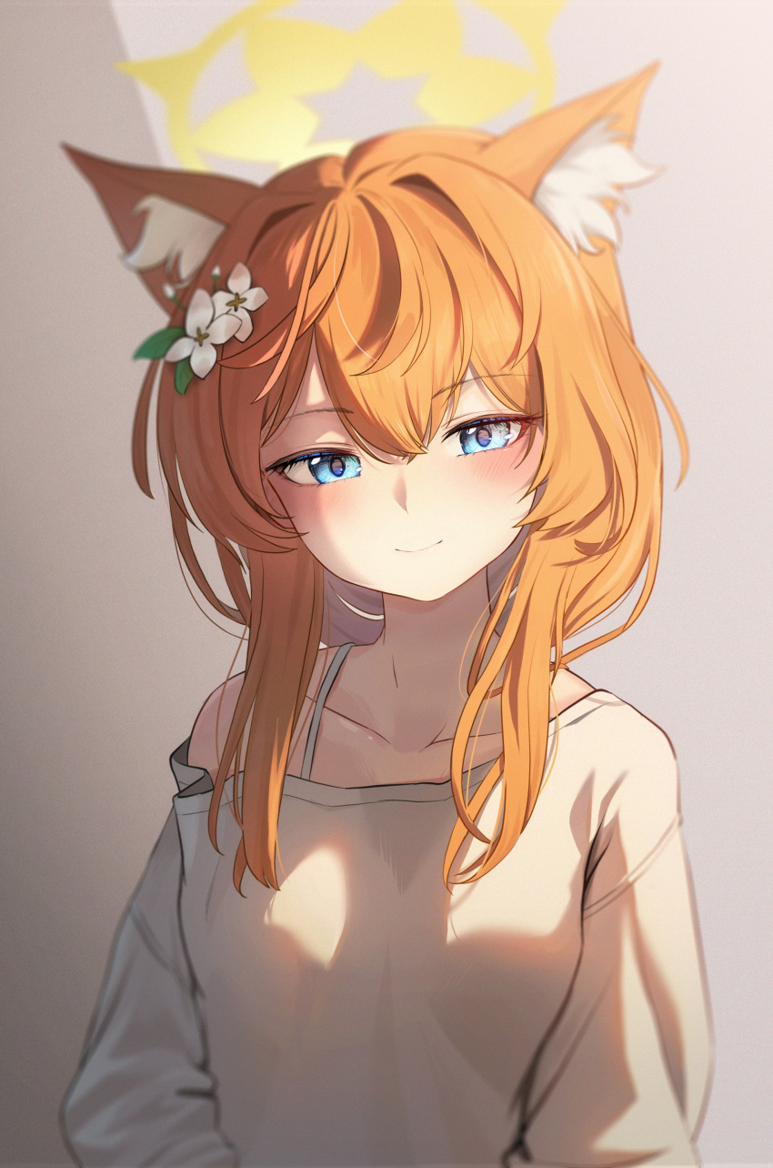 1girl absurdres animal_ear_fluff animal_ears blue_archive blue_eyes blush breasts cat_ears chiu538 closed_mouth collarbone flower hair_between_eyes hair_flower hair_ornament halo highres long_hair long_sleeves looking_at_viewer mari_(blue_archive) orange_hair shirt small_breasts smile solo upper_body white_flower white_shirt yellow_halo