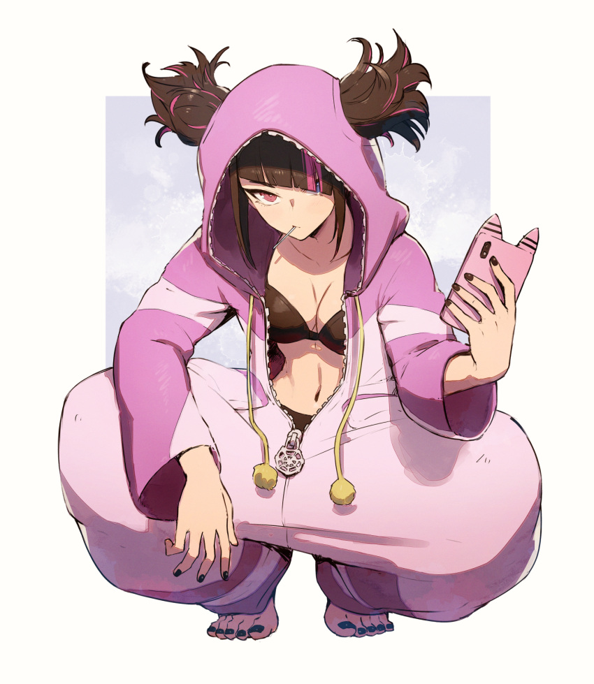 1girl baggy_pants black_hair bra breasts cellphone hair_through_hood han_juri highres kuroi_susumu looking_at_viewer multicolored_hair nail_polish navel onesie open_pajamas pajamas pants phone purple_eyes short_hair solo squatting street_fighter street_fighter_6 underwear