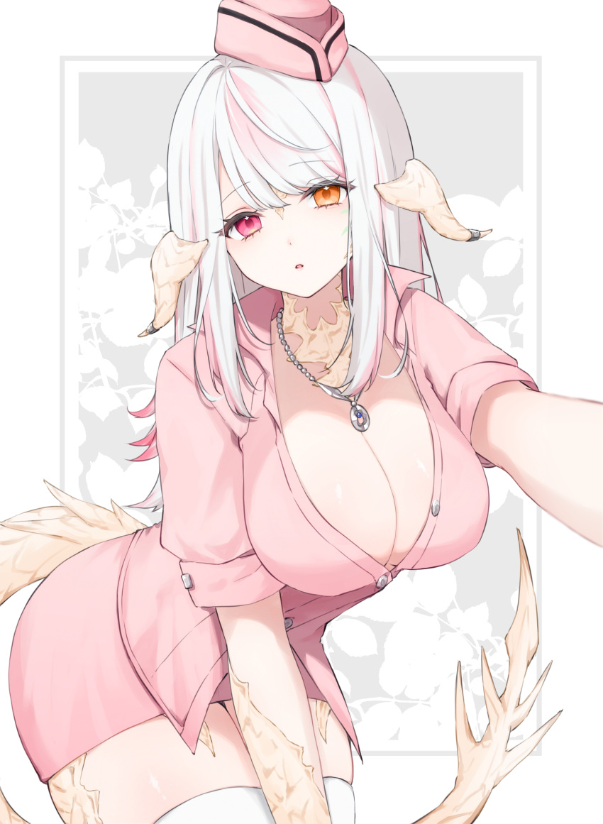 1girl absurdres au_ra breasts cleavage collared_shirt dragon_girl dragon_horns dragon_tail final_fantasy final_fantasy_xiv heterochromia highres horns jewelry large_breasts leaning_forward long_hair looking_at_viewer multicolored_hair necklace orange_eyes partially_unbuttoned pencil_skirt pink_eyes pink_hair pink_shirt pink_skirt reaching reaching_towards_viewer sana_(sanamaru_0w0) scales shirt short_sleeves skirt solo streaked_hair tail thighhighs warrior_of_light_(ff14) white_hair white_thighhighs zettai_ryouiki