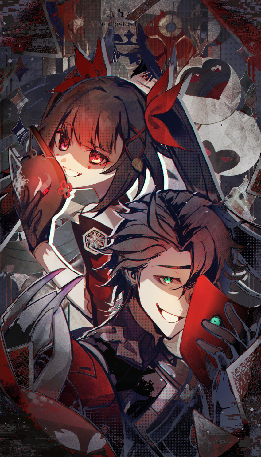1boy 1girl :d absurdres black_gloves black_hair black_shirt bow brown_hair card commentary_request crazy_smile fox_mask gloves green_eyes grin hair_bow halftone highres holding holding_mask honkai:_star_rail honkai_(series) jacket long_bangs long_hair looking_at_viewer mask open_clothes open_jacket open_mouth ozuro_(orzbone2008) parted_bangs pink_eyes playing_card red_bow red_jacket revision sampo_koski shaded_face shirt short_hair sidelocks smile sparkle_(honkai:_star_rail) teeth twintails upper_body
