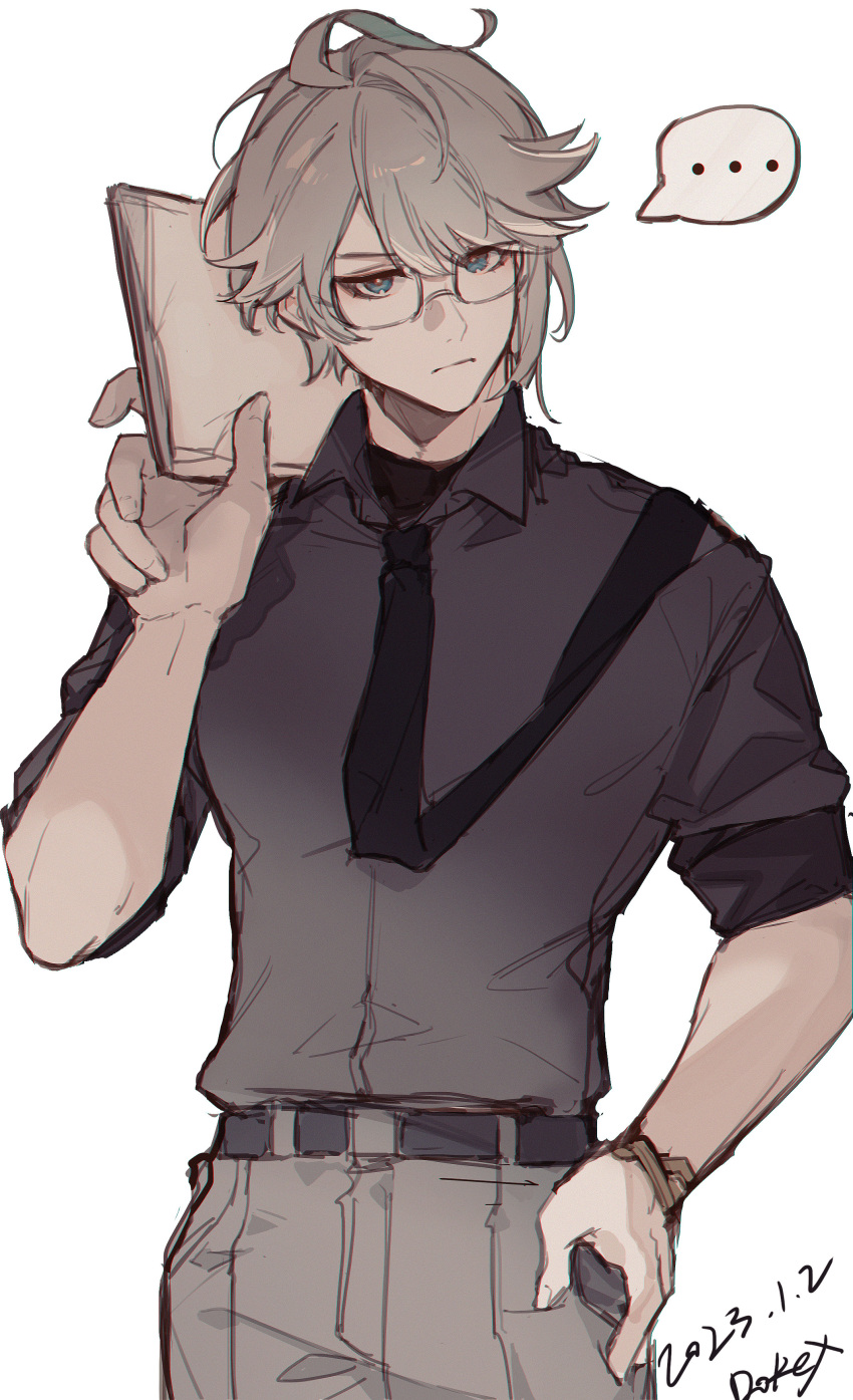 1boy absurdres ahoge alhaitham_(genshin_impact) artist_name belt black_necktie black_shirt black_undershirt blue_eyes clipboard closed_mouth dated dokex_xx dress_shirt genshin_impact glasses grey_hair grey_pants hand_on_own_hip hand_up highres holding holding_clipboard looking_at_viewer male_focus necktie pants rectangular_eyewear shirt short_hair simple_background sleeves_rolled_up solo standing white_background