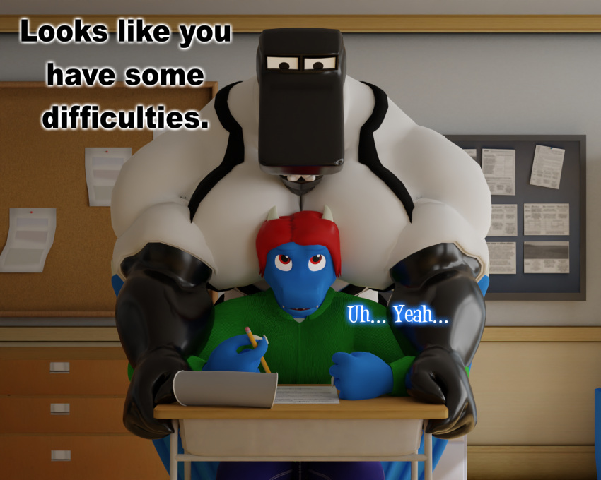 2023 3d_(artwork) albalbalb alby_(albalbalb) alphabet_(mike_salcedo) animate_inanimate anthro belt big_pecs black_body black_skin black_text blue_body blue_scales bottomwear chair classroom claws clothing denim denim_bottomwear denim_clothing desk digital_media_(artwork) dragon duo english_text f_(mike_salcedo) furniture green_clothing green_jacket green_topwear hair hand_on_desk head_between_pecs hi_res holding_object holding_pencil horn humanoid inside jacket jeans looking_down_at_partner looking_up_at_partner male male/male muscular muscular_anthro muscular_male mythological_creature mythological_scalie mythology pants paper pecs pencil_(object) red_eyes red_hair scales scalie school shirt table teeth_showing text topwear wall_(structure) white_clothing white_jacket white_shirt white_topwear wings