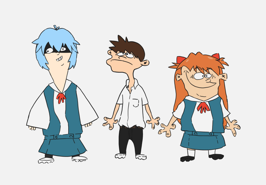 1boy 2girls :&gt; :&lt; :/ ayanami_rei blue_eyes brown_hair cartoon_network chimeraenvy crossover ed_(ed_edd_n_eddy) ed_edd_n_eddy edd_(ed_edd_n_eddy) eddy_(ed_edd_n_eddy) fusion grey_background grin highres ikari_shinji multiple_girls neon_genesis_evangelion parody school_uniform shaded_face shoes short_hair skirt smile sneakers souryuu_asuka_langley style_parody suspender_skirt suspenders tokyo-3_middle_school_uniform trait_connection what