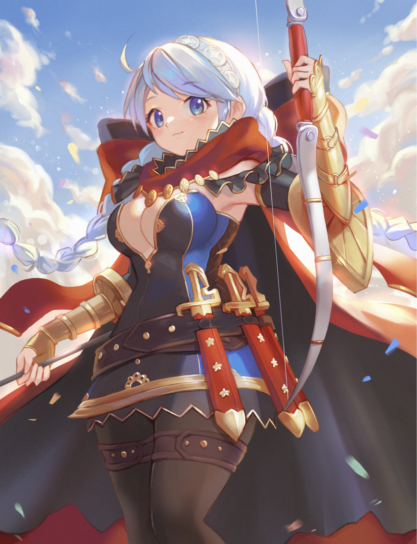 1girl absurdres ahoge alternate_costume armpits arrow_(projectile) blue_eyes blue_sky bow bow_(weapon) braid breasts brown_pantyhose cleavage closed_eyes cloud cloudy_sky commission commissioner_upload dagger dress fingerless_gloves fire_emblem fire_emblem_fates gloves hairband highres holding holding_arrow holding_bow_(weapon) holding_weapon huge_bow knife large_breasts long_hair low_twin_braids low_twintails nina_(fire_emblem) orchid_(pixiv3730518) pantyhose parted_bangs red_bow short_dress sky solo thigh_strap twin_braids twintails upper_body weapon white_hair