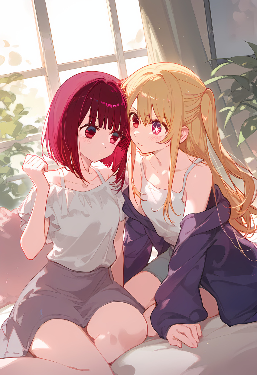 +_+ 2girls absurdres arima_kana blonde_hair bob_cut closed_mouth grey_skirt highres hood hoodie hoshino_ruby inverted_bob kon58414 long_hair looking_at_another multiple_girls oshi_no_ko pink_eyes red_eyes red_hair shirt short_hair sitting skirt wariza white_shirt window