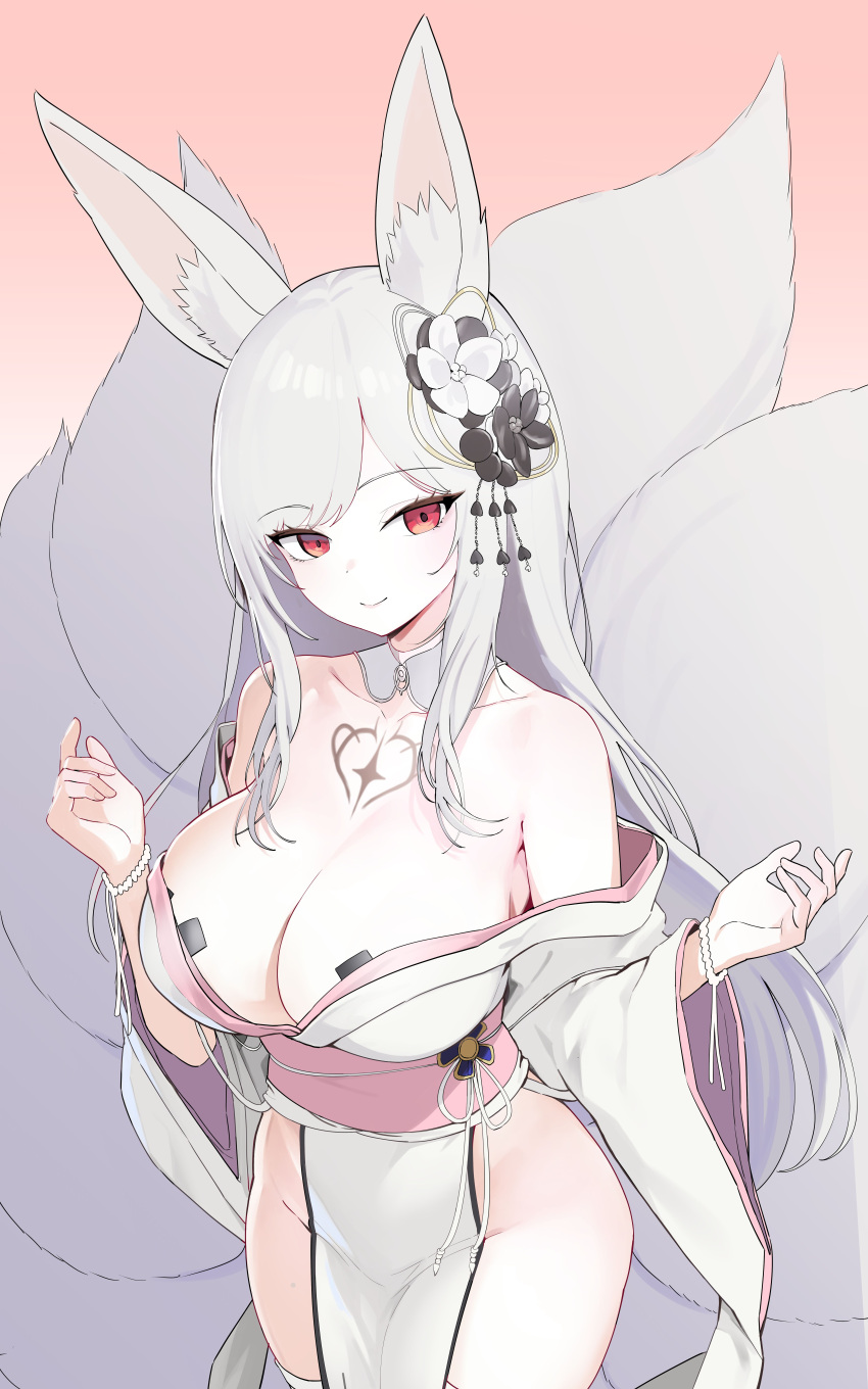 1girl absurdres animal_ears bandaid bandaids_on_nipples bare_shoulders breasts chest_tattoo cleavage closed_mouth collarbone cowboy_shot detached_collar dress flower fox_ears fox_tail hair_flower hair_ornament hand_up highres japanese_clothes kanzashi kitsune kyuubi large_breasts large_tail long_hair long_sleeves looking_at_viewer mr_tangsuyuk multiple_tails no_panties obi off_shoulder original pasties pelvic_curtain pink_background red_eyes sash simple_background smile solo standing tail tattoo thighhighs thighs very_long_hair white_dress white_hair white_thighhighs wide_sleeves