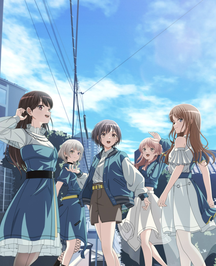 5girls arm_up bang_dream! bang_dream!_it's_mygo!!!!! belt belt_buckle black_belt black_choker black_footwear blue_belt blue_dress blue_eyes blue_jacket blue_skirt boots brown_eyes brown_hair buckle chihaya_anon choker cityscape closed_mouth clothing_cutout cloud collared_shirt commentary_request cropped_jacket day dress dress_shirt earclip earrings fishnet_thighhighs fishnets frilled_jacket frills grey_eyes grey_hair hair_behind_ear hetero highres jacket jewelry kaname_raana long_hair long_sleeves midriff multiple_girls mygo!!!!!_(bang_dream!) nagasaki_soyo official_art open_clothes open_jacket open_mouth outdoors pink_hair pleated_skirt power_lines purple_eyes see-through see-through_sleeves shiina_taki shirt short_hair shoulder_cutout sidelocks single_thighhigh skirt sky standing takamatsu_tomori teeth thighhighs tucking_hair upper_teeth_only white_dress white_hair white_shirt white_skirt yasou0049 yellow_belt yellow_eyes