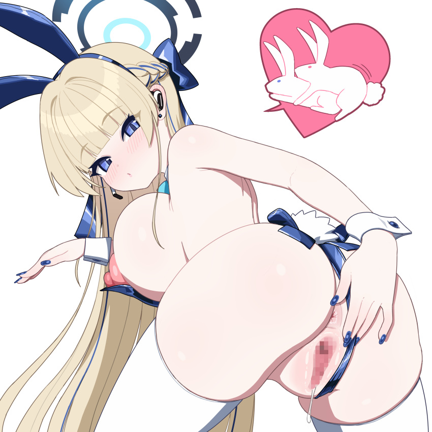 1girl absurdres animal_ears anus ass bent_over blonde_hair blue_archive blue_eyes blue_hair blue_leotard blue_nails blush breasts censored closed_mouth clothing_aside cromachina fake_animal_ears fake_tail fingernails from_behind halo highres huge_breasts leotard leotard_aside long_fingernails long_hair looking_at_viewer looking_back mosaic_censoring multicolored_hair nipples pussy rabbit rabbit_ears rabbit_tail skindentation solo streaked_hair tail thighhighs toki_(blue_archive) toki_(bunny)_(blue_archive) very_long_hair white_background white_thighhighs white_wrist_cuffs wrist_cuffs