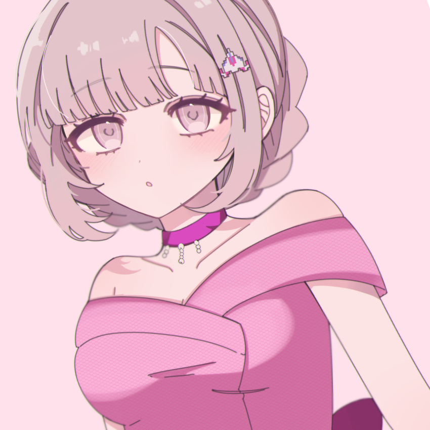 1girl :o absurdres bare_shoulders blush brown_hair chi_gu choker danganronpa_(series) danganronpa_10th_anniversary_costume danganronpa_2:_goodbye_despair dress galaga hair_ornament highres nanami_chiaki off_shoulder official_alternate_costume pink_choker pink_dress short_hair solo upper_body