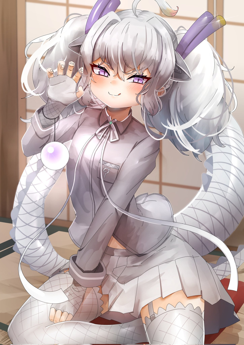 1girl animal_ears blush breast_pocket dragon_ears dragon_girl dragon_horns dragon_tail extra_ears fingerless_gloves garter_straps gloves hawawam31677 highres horns japari_symbol kemono_friends kemono_friends_3 long_hair long_tail looking_at_viewer multicolored_hair multicolored_horns naughty_face open_mouth orb pocket purple_horns scale_print shirt skirt smile solo tail thighhighs white_dragon_(kemono_friends) white_hair yellow_horns