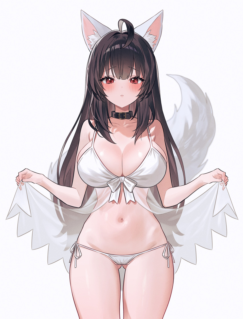 1girl ahoge animal_ears ass_visible_through_thighs bare_arms bare_shoulders bikini black_choker black_hair breasts choker cleavage commission cowboy_shot fox_ears fox_girl fox_tail front-tie_bikini_top front-tie_top fymrie highres korean_commentary large_breasts lifted_by_self navel original parted_lips red_eyes see-through side-tie_bikini_bottom simple_background skindentation solo spaghetti_strap standing stomach string_bikini swimsuit tail tail_raised thighs white_background white_bikini