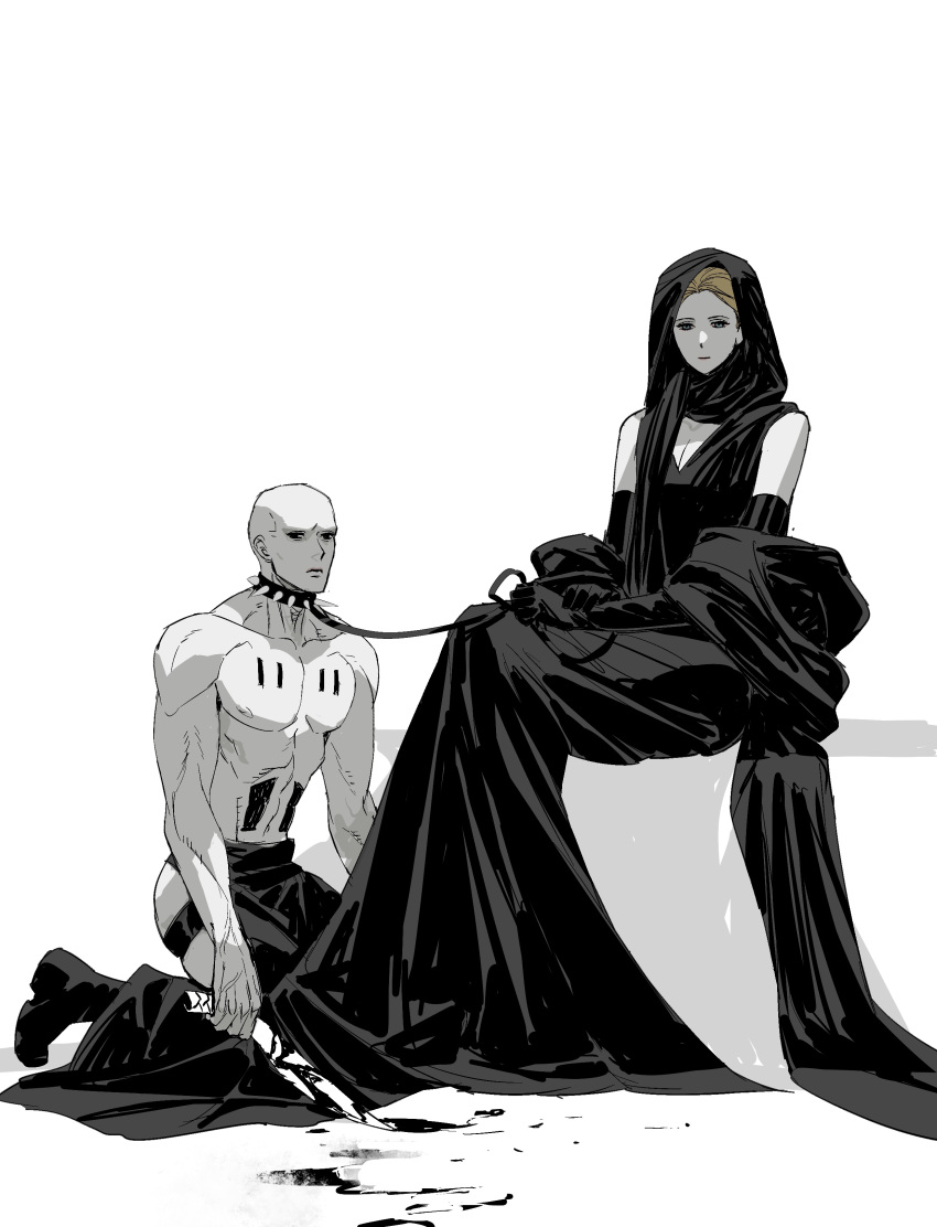 1boy 1girl absurdres bald blonde_hair blood blood_on_weapon boots breasts cleavage collar commentary dress dune:_part_two dune_(series) elbow_gloves femdom feyd-rautha gloves greyscale hashtag_only_commentary head_scarf highres holding holding_knife holding_leash kneeling knife leash long_dress margot_fenring medium_breasts monochrome muscular muscular_male pectorals sitting spiked_collar spikes spot_color taocan_shisi_hao topless_male weapon