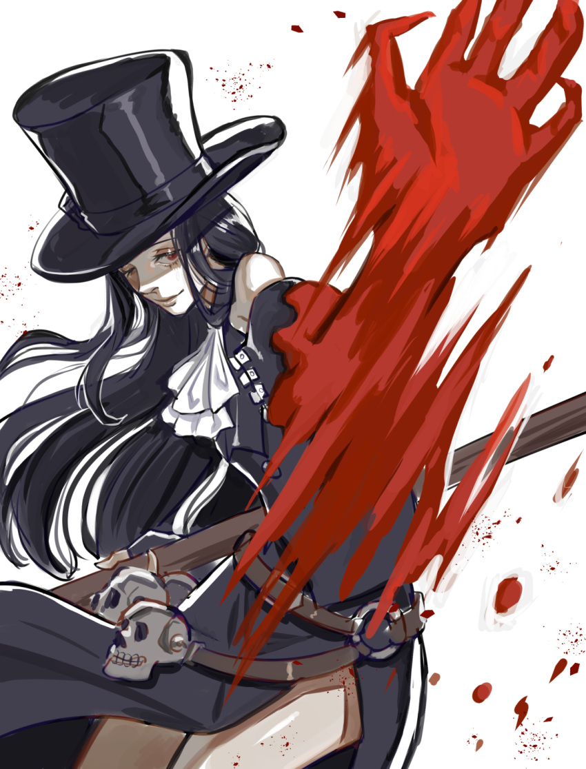 1other ascot bare_shoulders black_hair gloves guilty_gear guilty_gear_strive hat highres holding long_hair looking_at_viewer other_focus red_eyes scythe skull solo testament_(guilty_gear) top_hat udakyo white_ascot