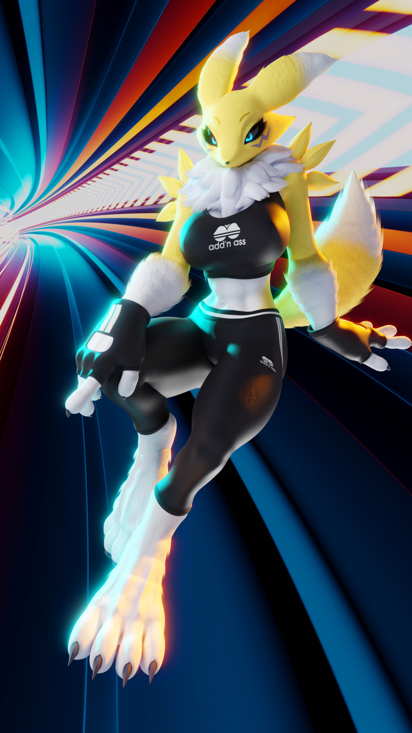 3:4 3d_(artwork) 4_fingers abstract_background absurd_res anthro athletic_wear bandai_namco big_breasts black_claws black_clothing black_nose black_sclera blue_eyes bottomwear breasts canid canine claws clothed clothing digimon digimon_(species) digital_media_(artwork) facial_markings female female_anthro fever-dreamer finger_claws fingerless_gloves fingers fluffy fully_clothed fur gloves hand_on_knee hand_on_leg handwear head_markings hi_res legwear mammal markings navel neck_tuft paws renamon renamon_(dogzeela) resting sitting solo symbol tail topwear tuft white_body white_fur yellow_body yellow_fur