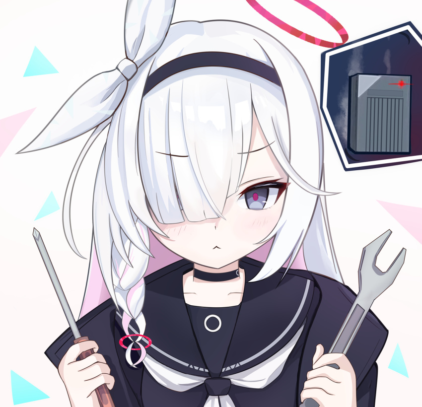 1girl :&lt; black_choker black_coat black_eyes black_hairband black_sailor_collar black_serafuku blue_archive braid choker coat collarbone colored_inner_hair computer grey_eyes hair_over_one_eye hair_ribbon hairband halo highres holding holding_wrench long_hair looking_at_viewer multicolored_hair neckerchief pink_hair plana_(blue_archive) ribbon sailor_collar school_uniform serafuku single_braid solo two-tone_hair upper_body white_background white_hair white_neckerchief wrench zhnyy3