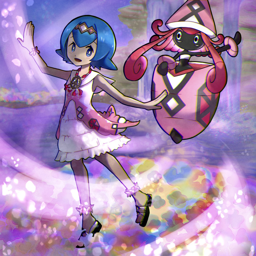 1girl blue_eyes blue_hair bright_pupils commentary_request dream_catcher full_body highres lana_(pokemon) lana_(sygna_suit)_(pokemon) mifuyu_(tfzu7745) official_alternate_costume petals pokemon pokemon_(creature) pokemon_masters_ex sandals tapu_lele