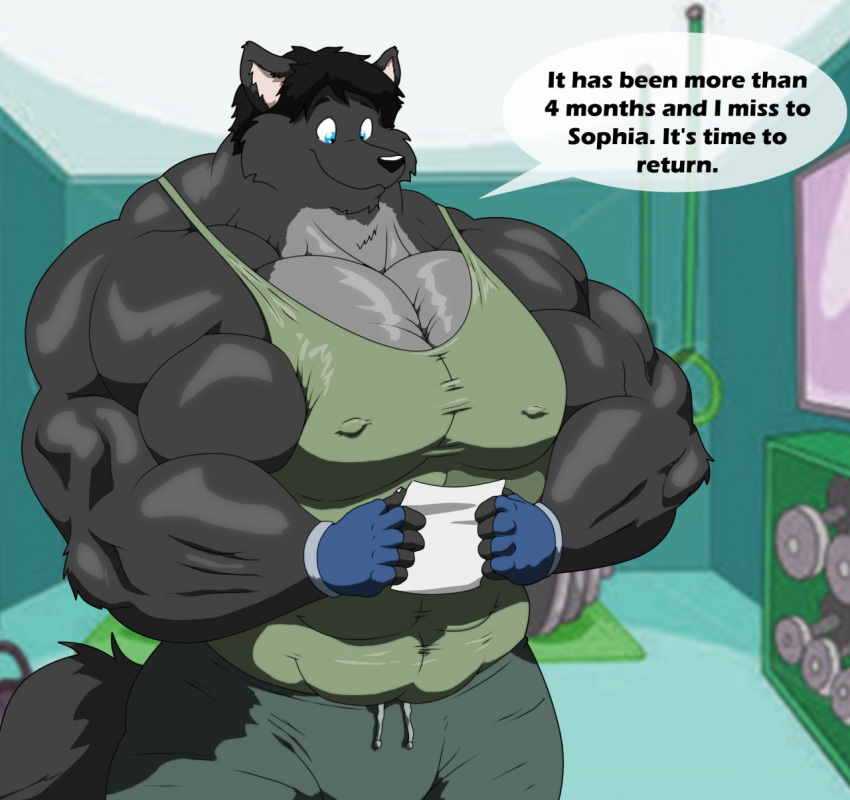 2015 anthro armerus_cainen big_muscles black_hair blue_eyes bottomwear canid canine canis clothing digital_media_(artwork) english_text exercise_equipment fingerless_gloves fur gloves grey_body grey_fur hair handwear hi_res male mammal multicolored_body multicolored_fur muscular muscular_anthro muscular_male pants shirt solo speech_bubble text topwear two_tone_body two_tone_fur weights wolf xxsparcoxx