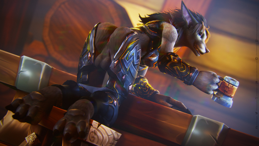 16:9 2022 3d_(artwork) 3dsmax 4k absurd_res anthro anus armor balls black_hair black_nose blizzard_entertainment blue_eyes brown_body brown_fur butt canid container cup destiney_crawford_(thatworgen) digital_media_(artwork) fur furniture genitals gynomorph_(lore) hair hi_res holding_object kneeling looking_back male mammal open_mouth pawpads paws solo stool table text thatworgen unconvincing_armor url video_games warcraft watermark were werecanid widescreen worgen