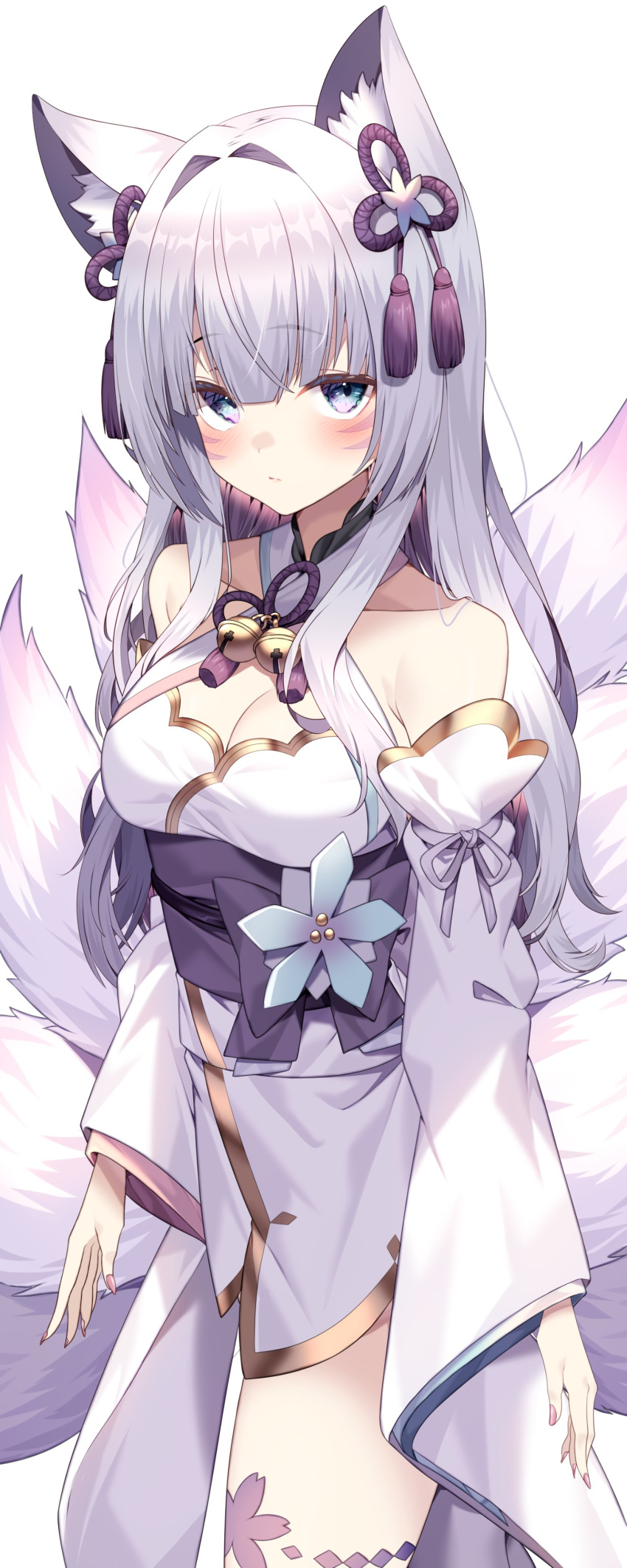 1girl absurdres animal_ear_fluff animal_ears bangs bare_shoulders bell blush breasts cleavage cleavage_cutout clothing_cutout detached_sleeves fox_ears fox_girl fox_tail hair_between_eyes hair_ornament highres indie_virtual_youtuber japanese_clothes jun_(aousa0328) large_breasts long_hair long_sleeves looking_at_viewer multicolored_hair obi purple_hair sash satsuki_lilica solo tail two-tone_hair white_background white_hair wide_sleeves