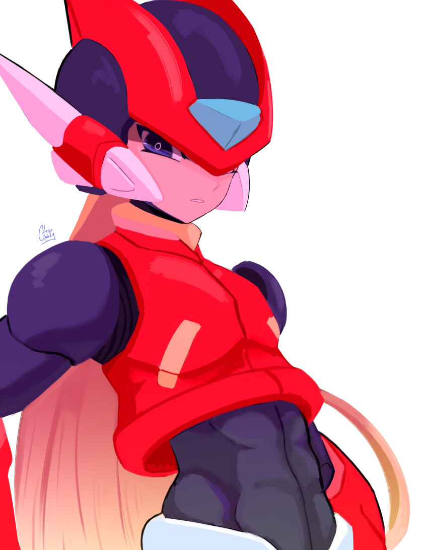 1boy abs absurdres armor black_bodysuit black_eyes bodysuit crop_top crotch_plate forehead_jewel helmet highres lessgalaxy looking_at_viewer mega_man_(series) mega_man_zero_(series) red_headwear red_shirt shirt signature simple_background solo upper_body white_background zero(z)_(mega_man) zero_(mega_man)