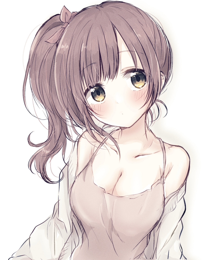 1girl ba_ra_ran bare_shoulders blush breasts camisole cardigan cleavage collarbone grey_camisole head_tilt highres idolmaster idolmaster_cinderella_girls igarashi_kyoko looking_at_viewer medium_breasts side_ponytail simple_background solo upper_body white_background white_cardigan