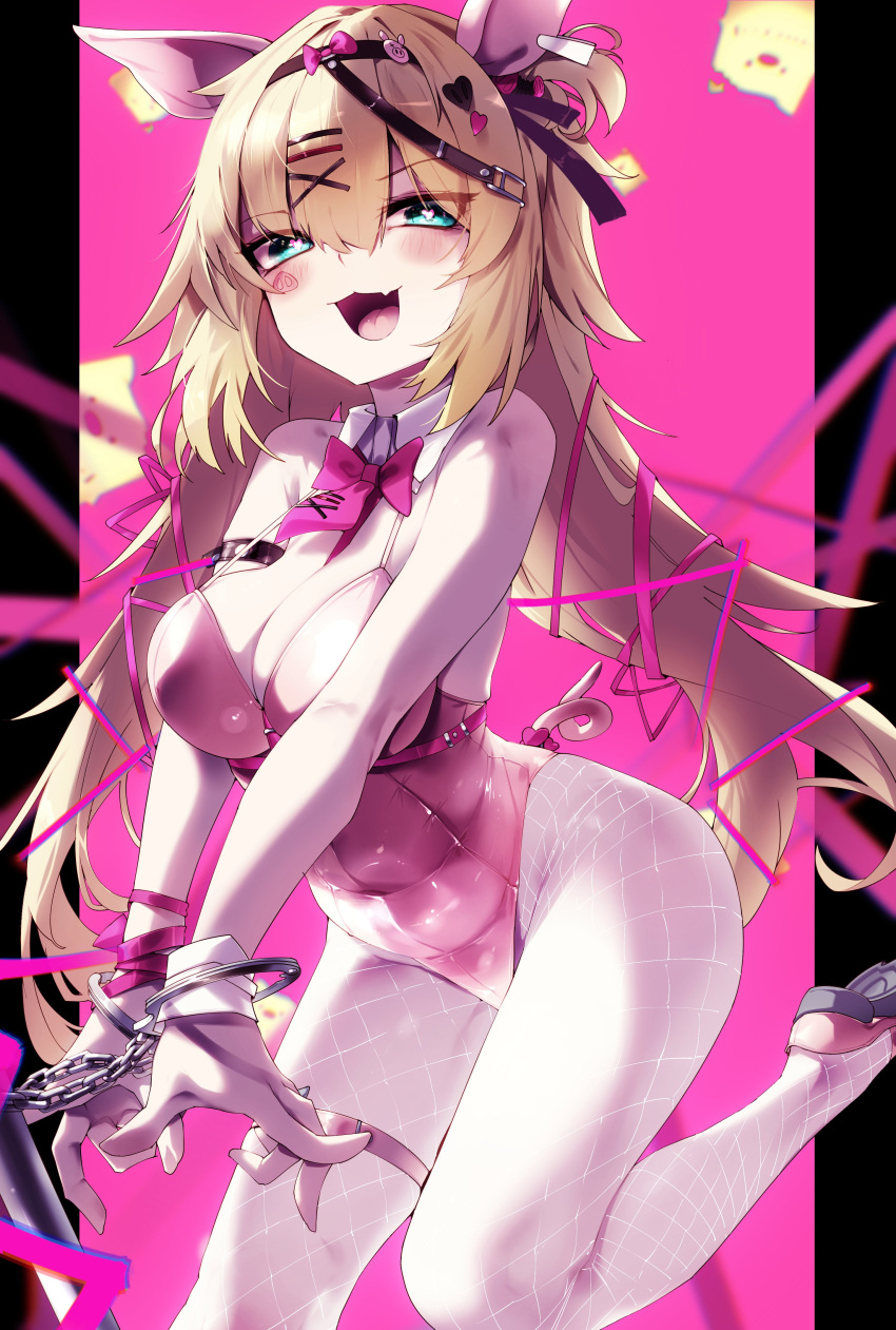 1girl absurdres akai_haato animal_ears black_footwear blonde_hair blue_eyes blush breasts cleavage collar cuffs detached_collar fake_animal_ears fake_tail fang fishnet_pantyhose fishnets haaton_(akai_haato) hair_ornament hair_ribbon handcuffs heart heart-shaped_pupils highres hololive large_breasts leotard long_hair open_mouth pantyhose pig_ears pig_tail pink_leotard pparus red_ribbon ribbon skin_fang smile solo symbol-shaped_pupils tail twintails virtual_youtuber white_collar white_wrist_cuffs wrist_cuffs x_hair_ornament