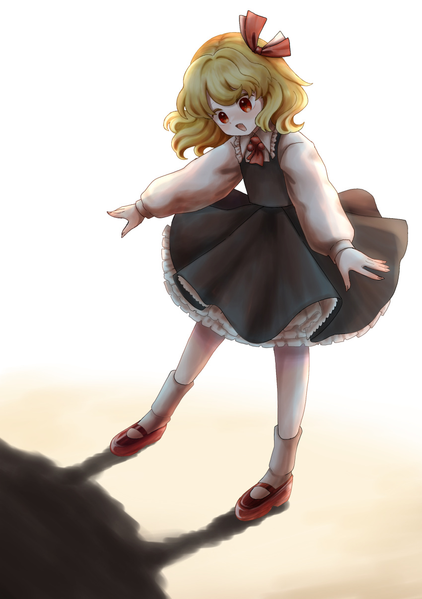 absurdres ascot black_dress blonde_hair dress fang frilled_shirt_collar frills full_body hair_ribbon highres legs_apart long_sleeves mary_janes medium_hair open_mouth petticoat red_ascot red_eyes red_footwear red_ribbon ribbon rumia shadow shirt shoes socks standing touhou umebitan white_background white_shirt white_socks