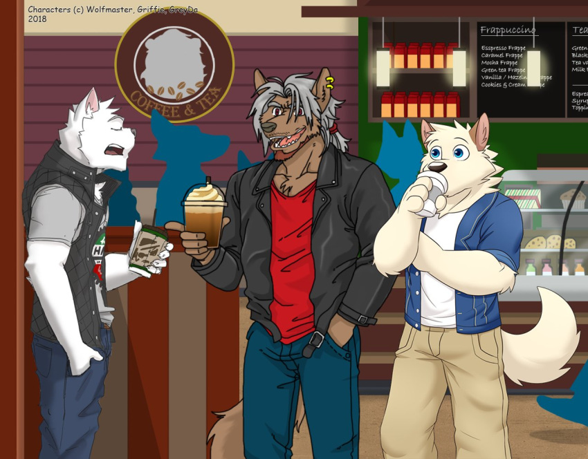 anthro bar_(food) beard belt beverage black_belt black_clothing black_eyebrows black_jacket black_nose black_topwear black_vest blue_bottomwear blue_clothing blue_eyes blue_jacket blue_jacket_vest blue_jeans blue_pants blue_topwear blue_vest board bottomwear brick_wall brown_beard brown_body brown_fur cafe cafeteria candy canid canine canis chatting chocolate chocolate_chip_cookie chocolate_chips clothing coffee_cup collaboration container cookie cup cupcake denim denim_bottomwear denim_clothing dessert disposable_cup domestic_cat domestic_dog dress_shirt drinking ear_piercing eyebrows eyes_closed facial_hair fangs fehry_(wolfmaster) felid feline felis food fur glass green_wall grey_(greydaboy) grey_clothing grey_eyebrows grey_hair grey_shirt grey_topwear greydaboy griffie_(saberzelgrath) group hair hand_in_pocket hand_on_arm horse_tail jacket jacket_vest jeans juice khaki_pants lifting_object lights logo logo_on_clothing logo_on_shirt male mammal messy_hair milk mustache open_mouth pants piercing pockets raised_arm raised_tail red_clothing red_eyes red_shirt red_topwear saberzelgrath sandwich_(food) shirt silhouetted_body smoothie straw tail tail_down tan_body tan_floor tan_fur tan_wall teeth text tied_hair topwear trio vest wall_(structure) white_body white_clothing white_fur white_shirt white_topwear wolf wolfmaster