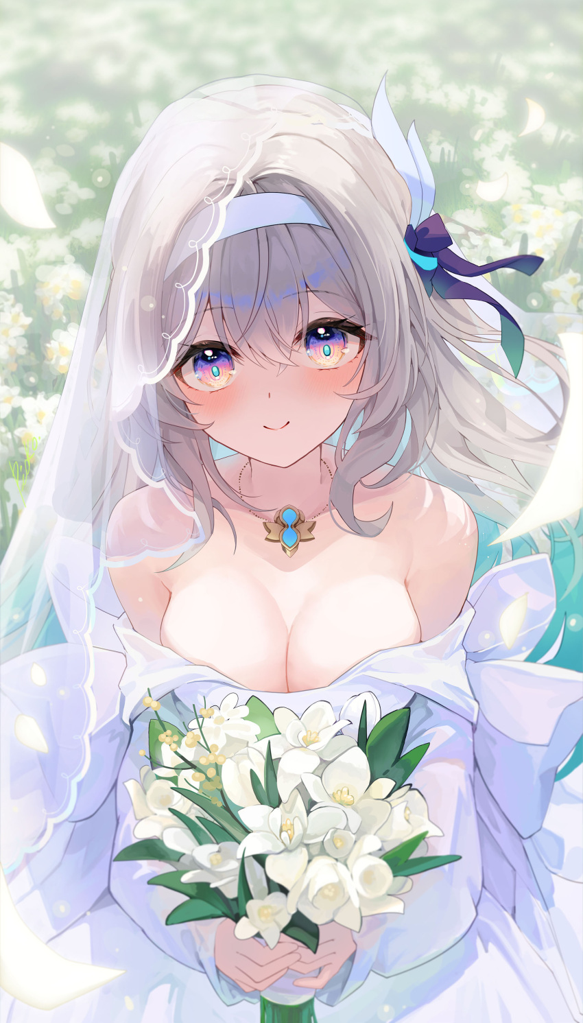 1girl absurdres bare_shoulders blush bouquet bow breasts bridal_veil cleavage commentary dress firefly_(honkai:_star_rail) flower grey_hair hair_bow hairband highres holding holding_bouquet honkai:_star_rail honkai_(series) jewelry long_sleeves looking_at_viewer medium_breasts necklace off-shoulder_dress off_shoulder pistachiocream purple_bow purple_eyes smile solo upper_body veil white_dress white_flower white_hairband