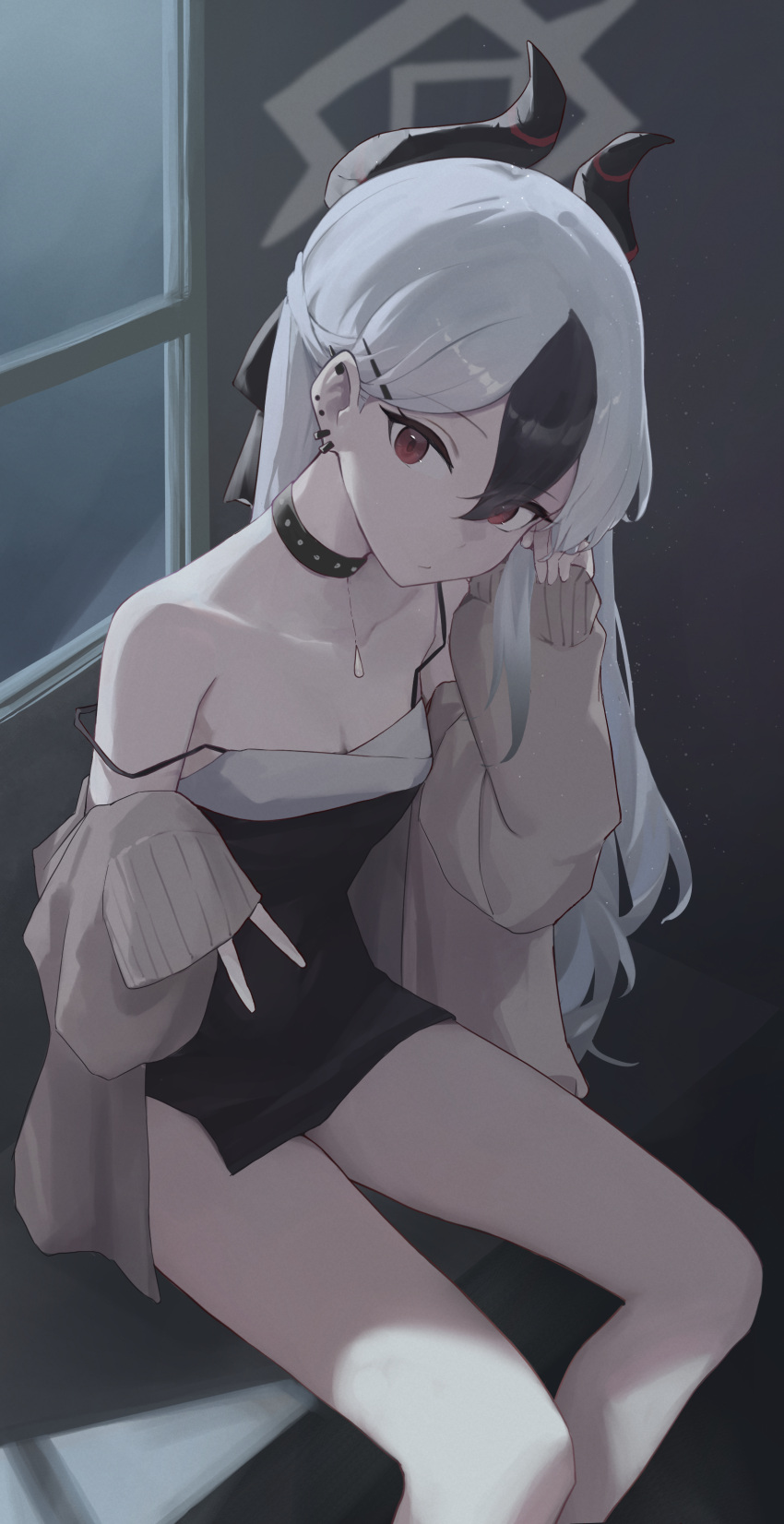 1girl absurdres black_choker black_dress black_hair black_horns blue_archive breasts choker cleavage closed_mouth demon_horns dress ear_piercing earrings feet_out_of_frame gmi_(jimmyovob) grey_dress grey_hair grey_halo hair_between_eyes halo highres horns jewelry kayoko_(blue_archive) kayoko_(dress)_(blue_archive) long_hair long_sleeves looking_at_viewer multicolored_hair official_alternate_costume piercing red_eyes sitting small_breasts solo window