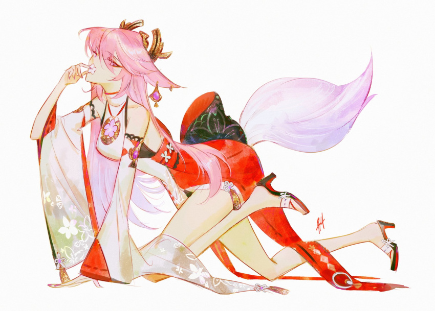 1girl all_fours animal_ears bare_legs bare_shoulders detached_sleeves earrings flower fox_ears full_body genshin_impact hair_ornament hand_to_own_mouth high_heels highres holding holding_flower jewelry kgynh long_hair long_sleeves looking_at_viewer necklace nontraditional_miko pink_hair pink_nails pink_tail purple_eyes sideways_glance simple_background solo tail white_background wide_sleeves yae_miko