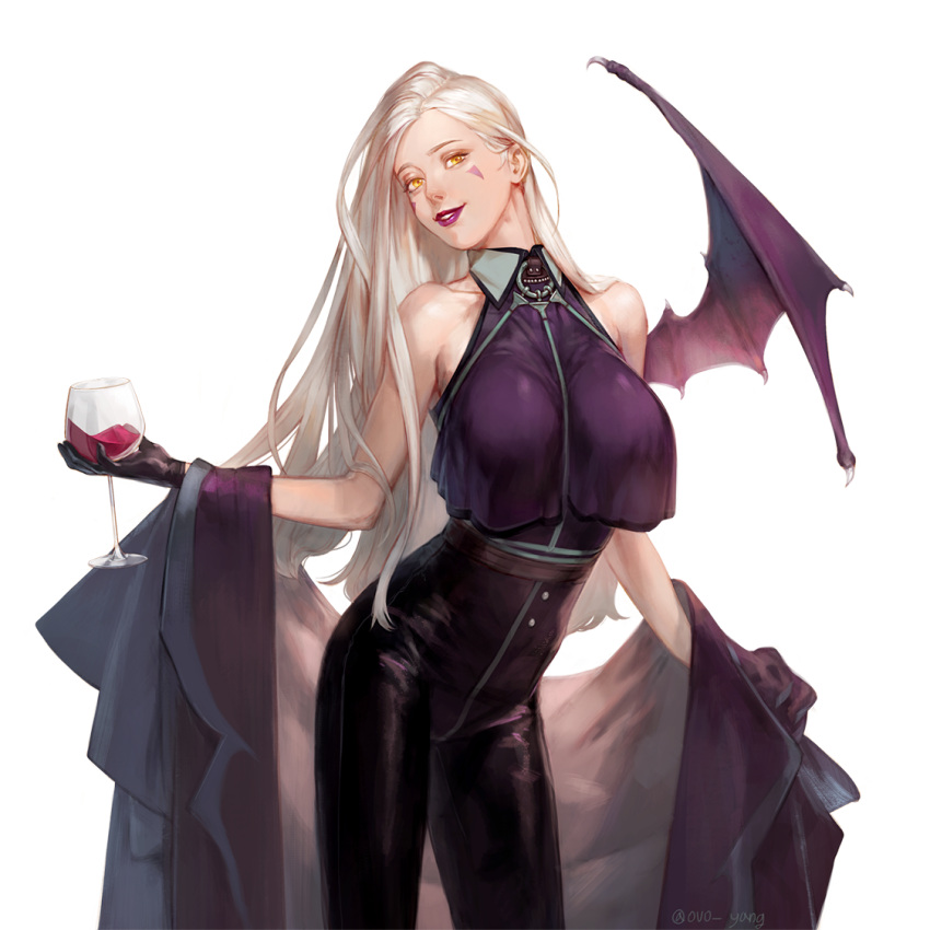 1girl alcohol bare_shoulders bat_wings between_breasts black_gloves black_pants breasts coat collared_shirt cowboy_shot crop_top crop_top_overhang cup drink drinking_glass eyelashes facial_mark gloves harness head_tilt hickey high-waist_pants holding holding_cup holding_drink korean_commentary large_breasts layered_clothes lipstick long_hair looking_away looking_up makeup o-ring off_shoulder original pants parted_lips purple_coat purple_lips purple_shirt purple_wings shirt sideways_glance single_wing sleeveless sleeveless_shirt smile standing straight_hair tight tight_pants white_hair wings yellow_eyes yokan_(cxsp4773)