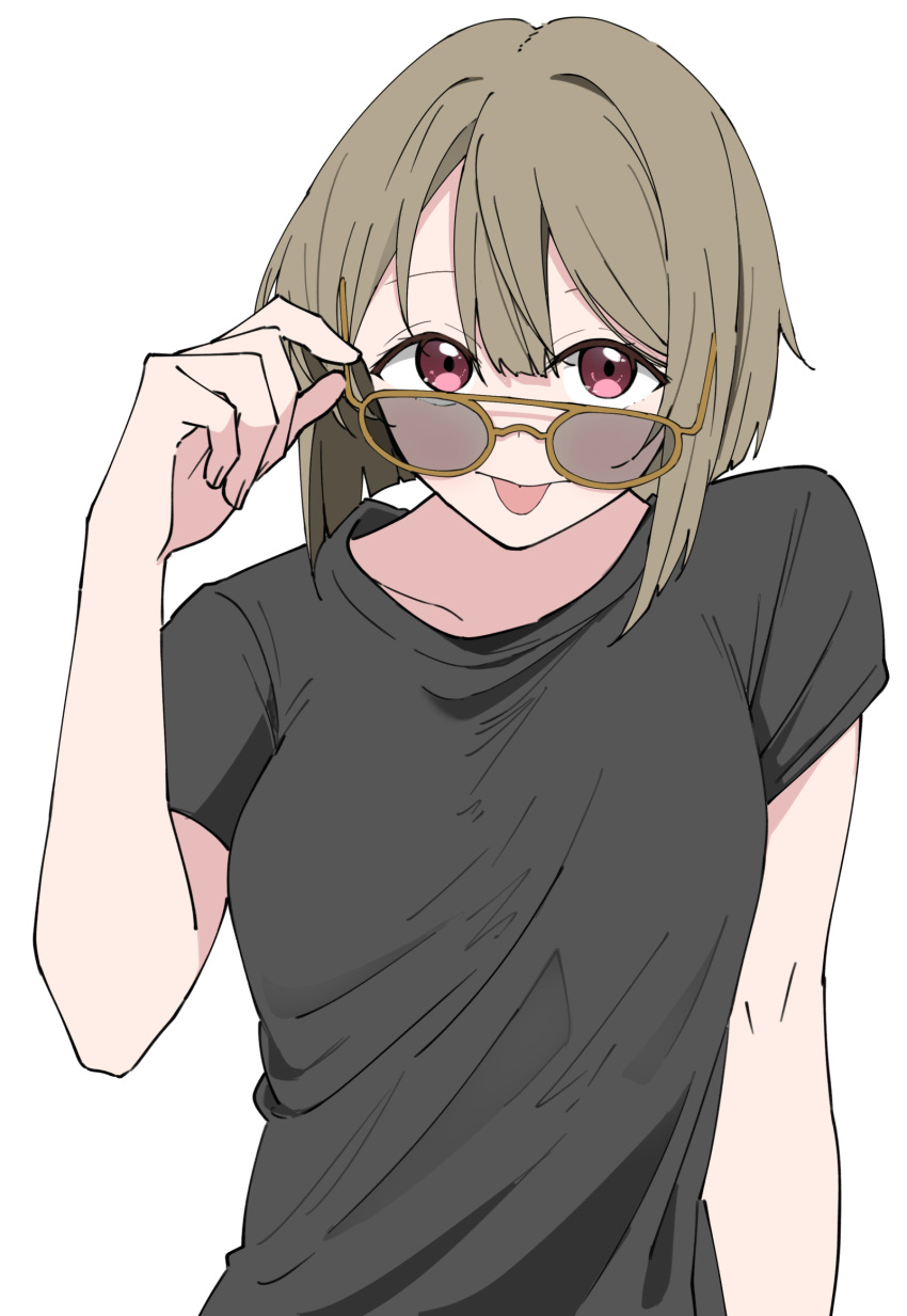 1girl :p adjusting_eyewear black_shirt breasts brown-framed_eyewear collarbone grey_hair hair_between_eyes highres liz_(piyoko_piyop) looking_at_viewer love_live! love_live!_nijigasaki_high_school_idol_club medium_breasts nakasu_kasumi purple_eyes shirt short_hair short_sleeves solo sunglasses tongue tongue_out upper_body white_background