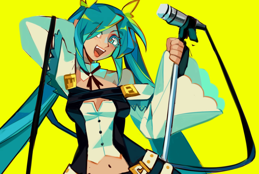 1girl blue_eyes blue_hair borcheim commentary cosplay dizzy_(guilty_gear) dizzy_(guilty_gear)_(cosplay) english_commentary guilty_gear hair_ribbon hair_rings hatsune_miku highres long_hair looking_at_viewer microphone miku_day open_mouth ribbon smile solo tail tail_ornament tail_ribbon vocaloid yellow_ribbon