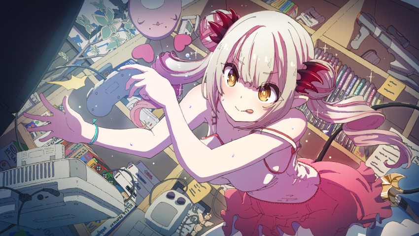 1girl bookshelf breasts brown_eyes camisole collarbone demon_girl demon_tail double-parted_bangs double_bun dutch_angle frilled_skirt frills game_boy game_boy_color game_console grey_hair hair_bun handheld_game_console heart highres indie_virtual_youtuber kagawa_yuusaku large_breasts long_hair looking_at_viewer miniskirt multicolored_hair pink_hair pink_skirt playing_games pointy_ears skirt solo sparkle sticky_note strap_slip streaked_hair suou_patra super_famicom super_famicom_cartridge super_famicom_gamepad sweat tail tongue tongue_out twintails two-tone_hair v-shaped_eyebrows virtual_youtuber white_camisole wii