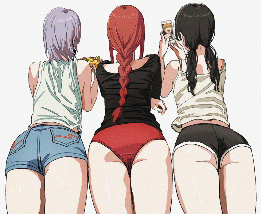 1boy 3girls ass black_hair black_shirt black_shorts blue_shorts braid braided_ponytail cellphone chainsaw_man commentary denji_(chainsaw_man) english_commentary fami_(chainsaw_man) food from_behind grey_background grey_hair holding holding_food holding_phone long_hair low_twintails makima_(chainsaw_man) mitaka_asa multiple_girls no_pants panties phone pizza pizza_slice pocket red_hair red_panties shiren_(ourboy83) shirt short_hair short_shorts shorts simple_background sleeveless sleeveless_shirt twintails underwear white_background white_shirt