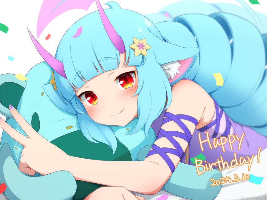 1girl animal_ears blue_hair blunt_bangs closed_mouth commentary_request dated delmin_(show_by_rock!!) hair_ornament happy_birthday hinotama_(hinotama422) horns long_hair looking_at_viewer lying red_eyes show_by_rock!! simple_background smile solo stuffed_toy white_background