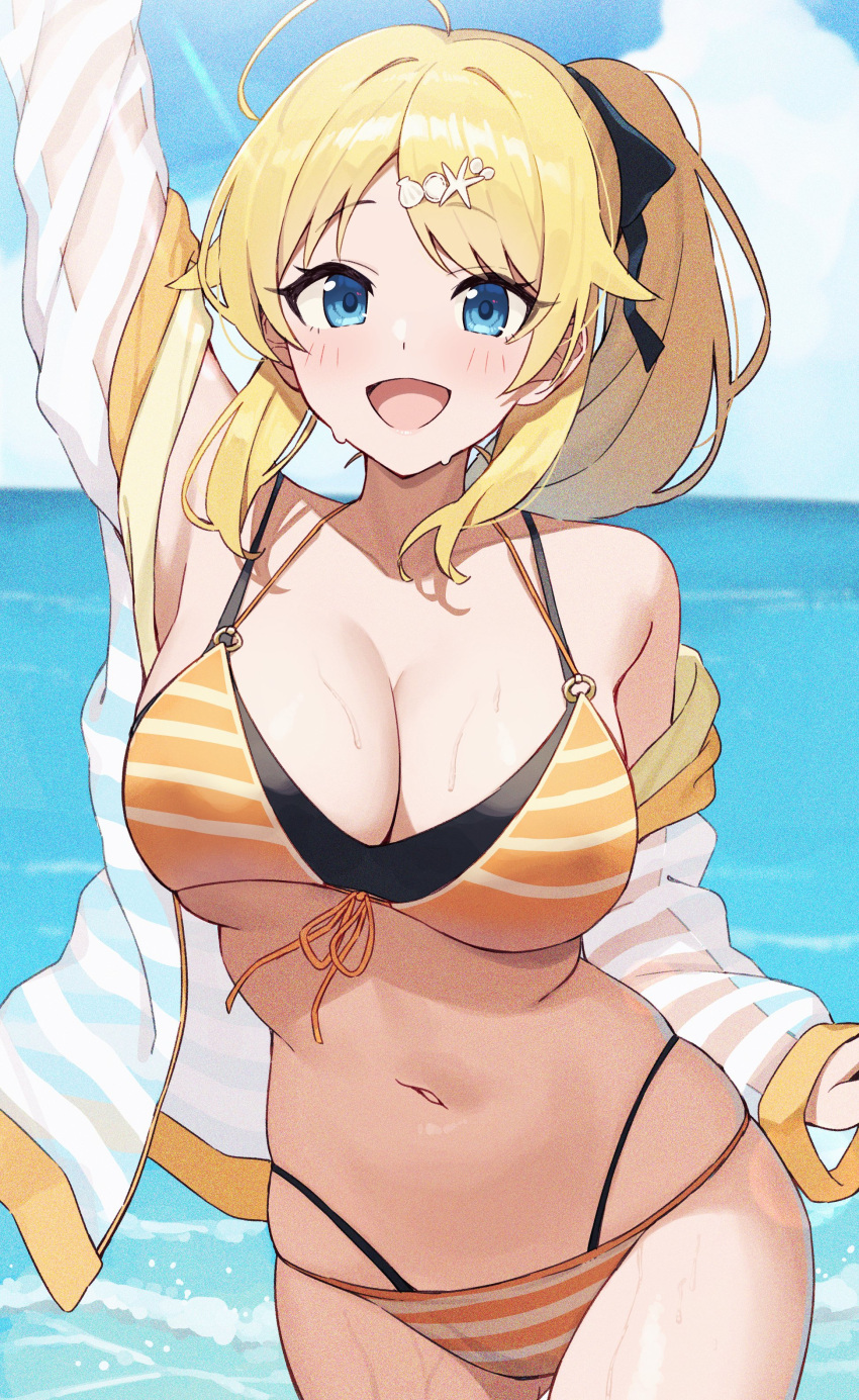 1girl absurdres arm_up beach bikini blonde_hair blue_eyes blush breasts cleavage commentary_request hachimiya_meguru highleg highleg_bikini highres idolmaster idolmaster_shiny_colors jacket large_breasts looking_at_viewer navel open_mouth outdoors ponytail see-through see-through_jacket smile solo stomach striped_bikini striped_clothes swimsuit wanimaru yellow_bikini