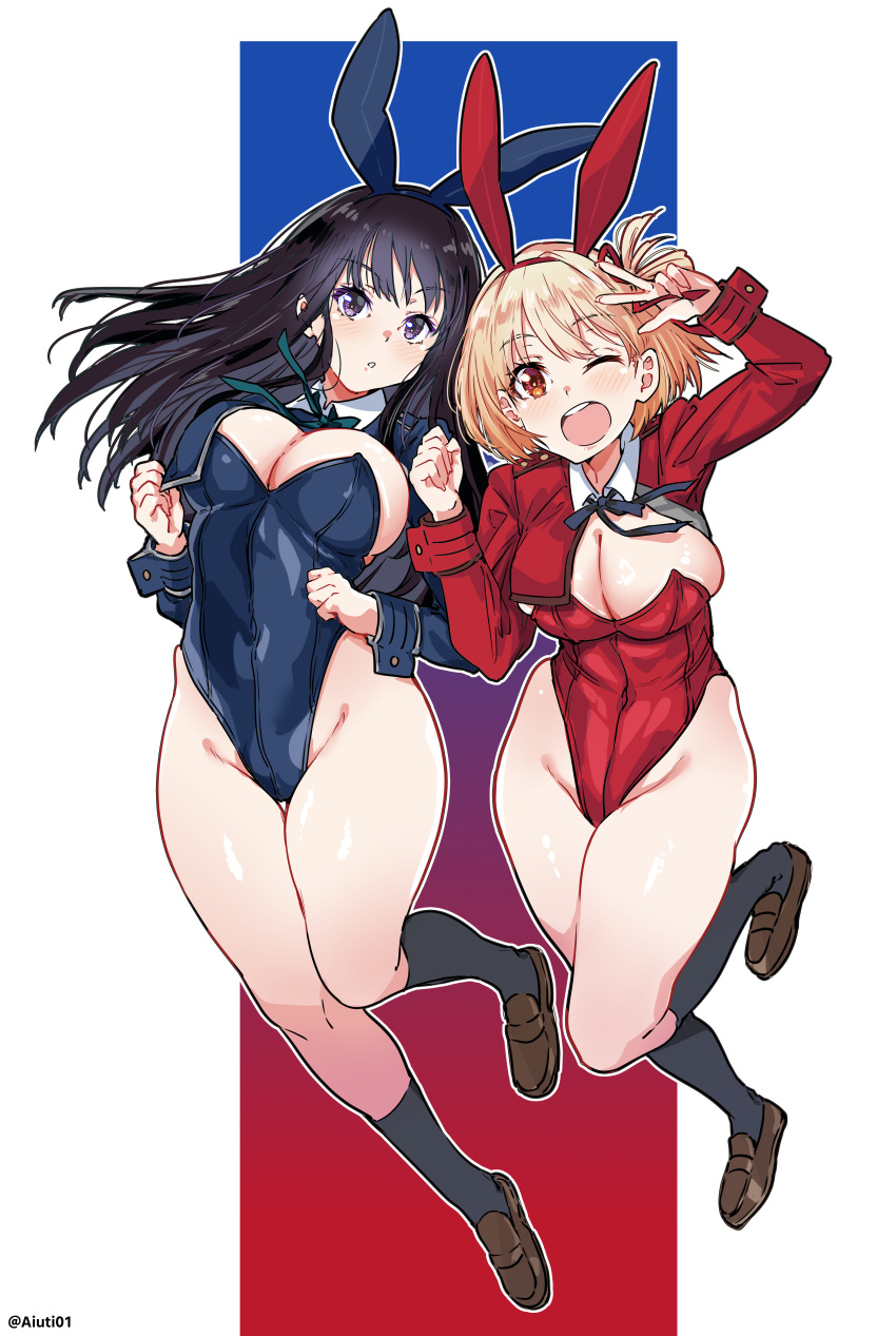 2girls ;d absurdres aiuti alternate_costume animal_ear_hairband animal_ears bare_legs black_hair black_socks blonde_hair blue_leotard blush breasts brown_footwear fake_animal_ears full_body gradient_background groin hairband highleg highleg_leotard highres inoue_takina kneehighs large_breasts leotard loafers looking_at_viewer lycoris_recoil multiple_girls neck_ribbon nishikigi_chisato one_eye_closed playboy_bunny rabbit_ear_hairband rabbit_ears red_leotard ribbon shoes short_hair smile socks straight_hair twitter_username w wrist_cuffs