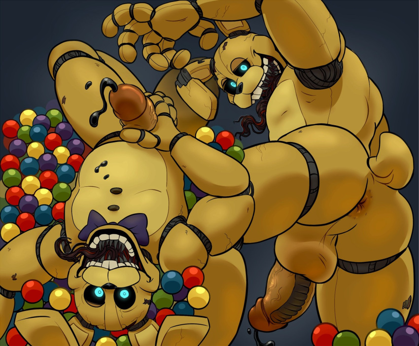 2024 animatronic anthro anus backsack ball_pit balls big_penis black_cum black_precum blue_eyes bodily_fluids buckteeth cleancutvain colored_cum colored_precum cum drooling erection five_nights_at_freddy's genital_fluids genitals glans hand_behind_head hi_res humanoid_genitalia humanoid_penis lagomorph leporid looking_at_viewer machine male mammal open_mouth overweight overweight_anthro overweight_male penis perineum pink_glans pink_penis pupils rabbit red_bowtie robot robot_penis saliva scottgames solo spring_bonnie_(fnaf) teeth thick_thighs tongue tongue_out unusual_bodily_fluids unusual_cum unusual_genital_fluids vein veiny_penis yellow_body yellow_inner_ear