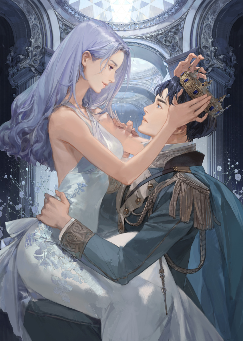 1boy 1girl aiguillette arch bangs bare_arms bare_shoulders black_hair blue_cape blue_gemstone blue_hair blue_jacket branch breasts building cape ceiling cocktail_dress copyright_request couple cover cover_page crown dress epaulettes eye_contact eyelashes feet_out_of_frame floral_print flower from_side gem grey_hair hair_behind_ear halter_dress halterneck hand_on_another's_arm hand_on_another's_hip hands_up hetero highres jacket knee_up korean_commentary light_particles long_dress long_hair long_sleeves looking_at_another novel_cover pillar profile purple_eyes purple_hair putting_on_headwear short_hair sideboob sitting sitting_on_lap sitting_on_person sleeveless sleeveless_dress smile white_dress yokan_(cxsp4773)