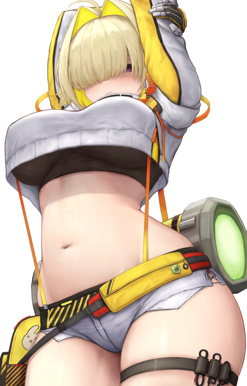 1girl ahoge arm_up black_sports_bra blonde_hair breasts crop_top crop_top_overhang cropped_sweater elegg_(nikke) goddess_of_victory:_nikke grey_shorts hair_intakes hair_over_eyes highres kinoko_kun large_breasts long_bangs long_sleeves micro_shorts multicolored_hair navel purple_eyes shorts solo sports_bra suspender_shorts suspenders two-tone_hair