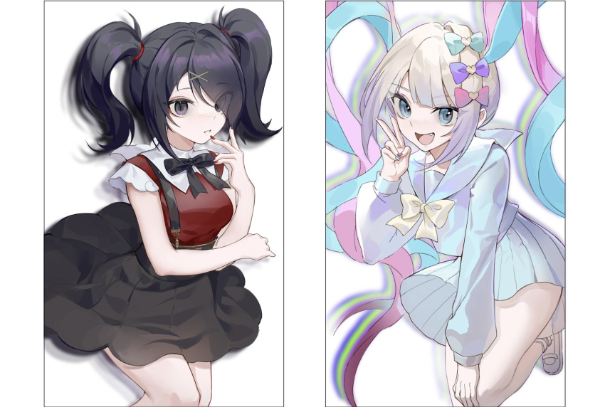 2girls :d ame-chan_(needy_girl_overdose) black_hair black_nails black_ribbon black_skirt blonde_hair blue_bow blue_eyes blue_hair blue_nails blue_serafuku blue_shirt blue_skirt bow breasts chouzetsusaikawa_tenshi-chan collared_shirt dual_persona eyes_visible_through_hair fang hair_bow hair_ornament hair_over_one_eye hand_on_own_knee hand_up heart highres long_hair long_sleeves looking_at_viewer medium_breasts multicolored_hair multiple_girls nail_polish neck_ribbon needy_girl_overdose open_mouth pink_bow pink_hair pink_nails pleated_skirt purple_bow purple_eyes quad_tails red_nails red_shirt ribbon school_uniform serafuku shirt simple_background skirt smile standing standing_on_one_leg suspender_skirt suspenders twintails v very_long_hair white_background x_hair_ornament yellow_nails yuyullllo