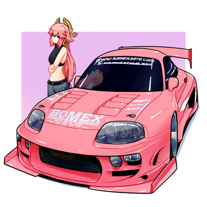 1girl absurdres animal_ears belt black_belt black_shirt breasts car cropped_shirt duz earrings english_commentary fox_ears genshin_impact grey_pants highres jewelry long_hair looking_at_viewer medium_breasts midriff motor_vehicle pants pink_hair purple_eyes reflection shirt sleeveless sleeveless_shirt smile solo spoiler_(automobile) sports_car standing toyota toyota_supra toyota_supra_mk_iv vehicle_focus very_long_hair web_address yae_miko