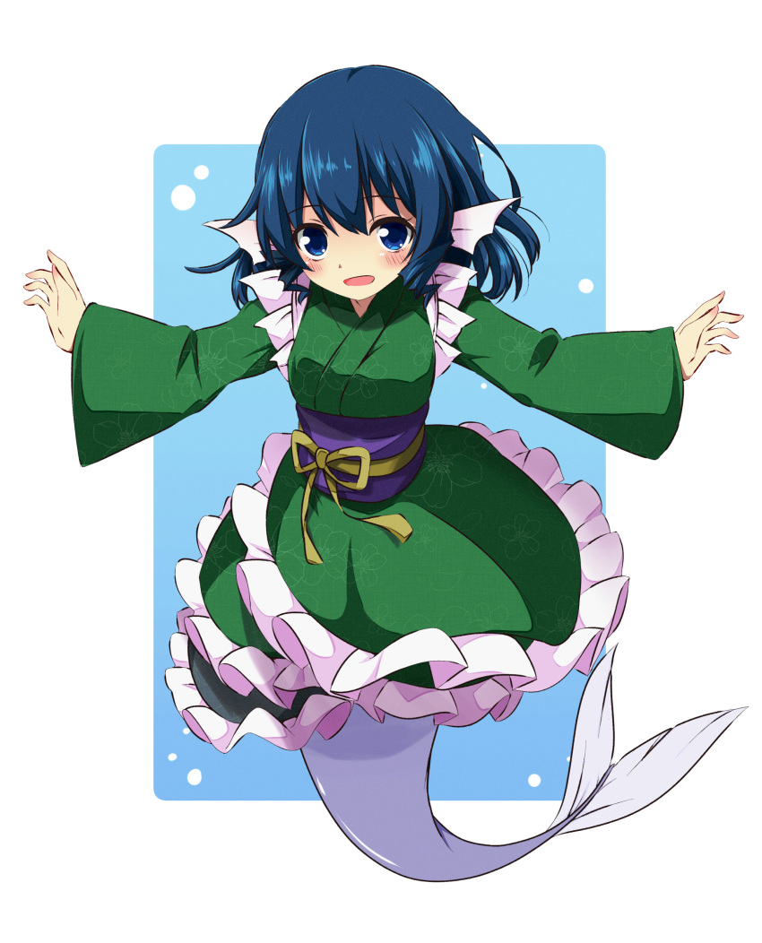 1girl absurdres blue_background blue_eyes blue_hair border breasts drill_hair drill_sidelocks fins frilled_kimono frills green_kimono head_fins highres japanese_clothes kimono kneeless_mermaid long_sleeves medium_hair mermaid monster_girl obi open_mouth outstretched_arms purple_sash sash sidelocks small_breasts solo spread_arms touhou tsuukinkaisoku_oomiya wakasagihime white_border wide_sleeves