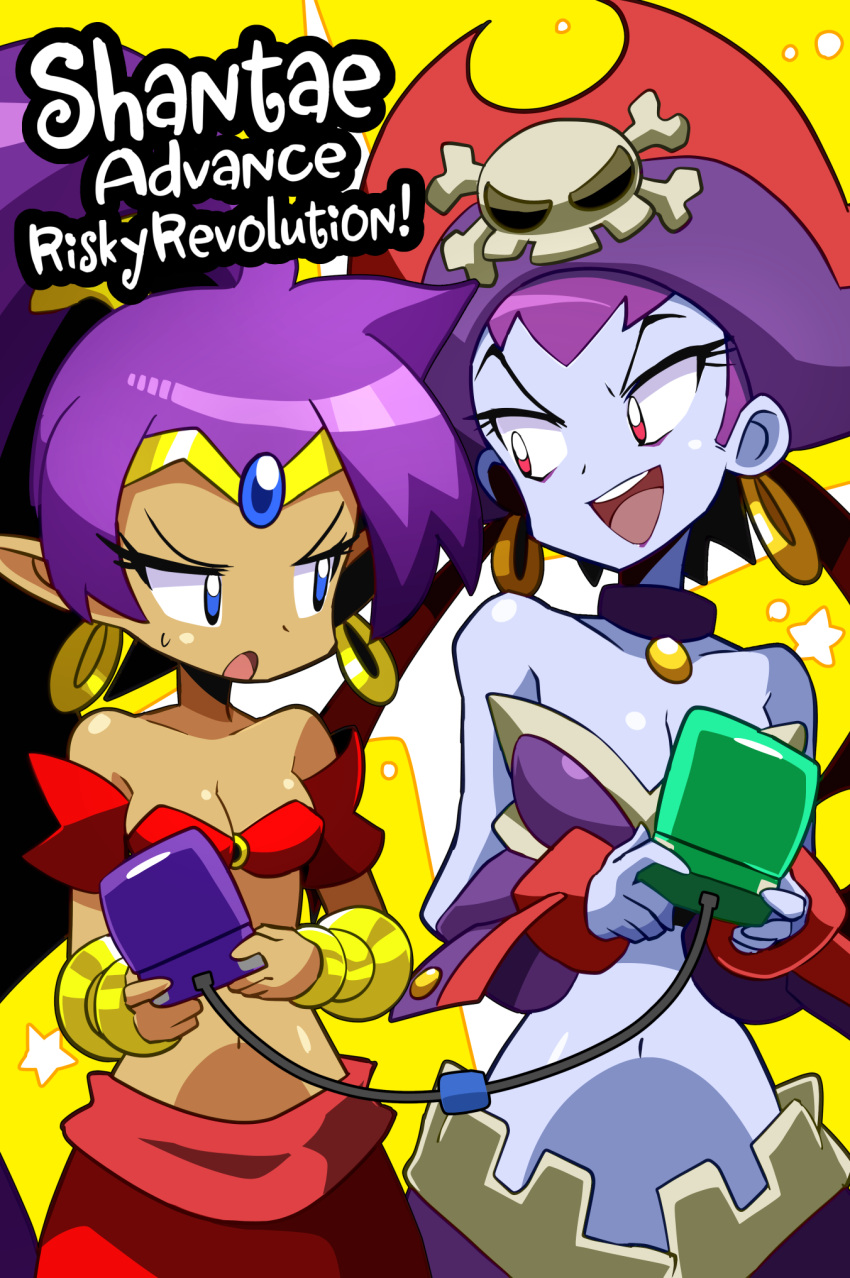 bare_shoulders blue_eyes cable colored_skin earrings game_boy_advance_sp game_link_cable handheld_game_console hat highres jewelry navel open_mouth pirate pirate_hat purple_hair red_eyes risky_boots sakurajyousui_nami shantae shantae_(series) teeth tiara tongue upper_body